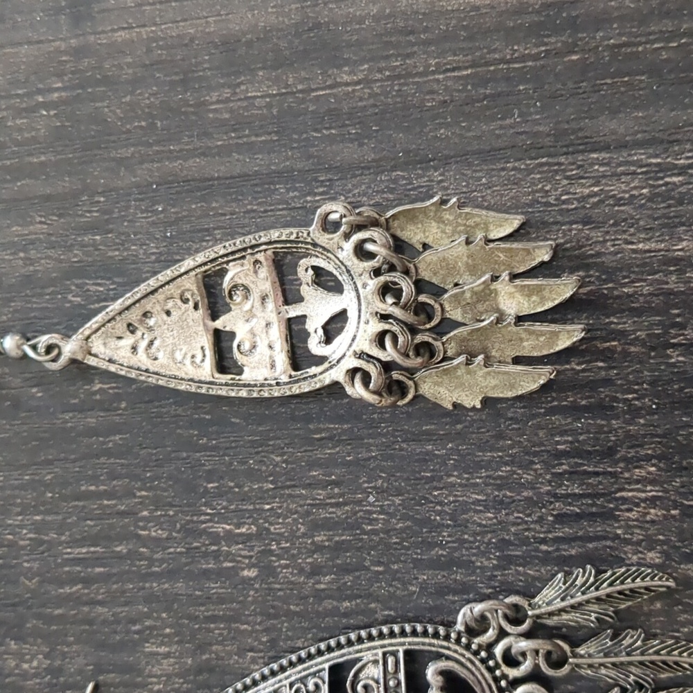 Silvertone Feather Teardrop Aztec Dangle Earrings - Picture 4 of 4